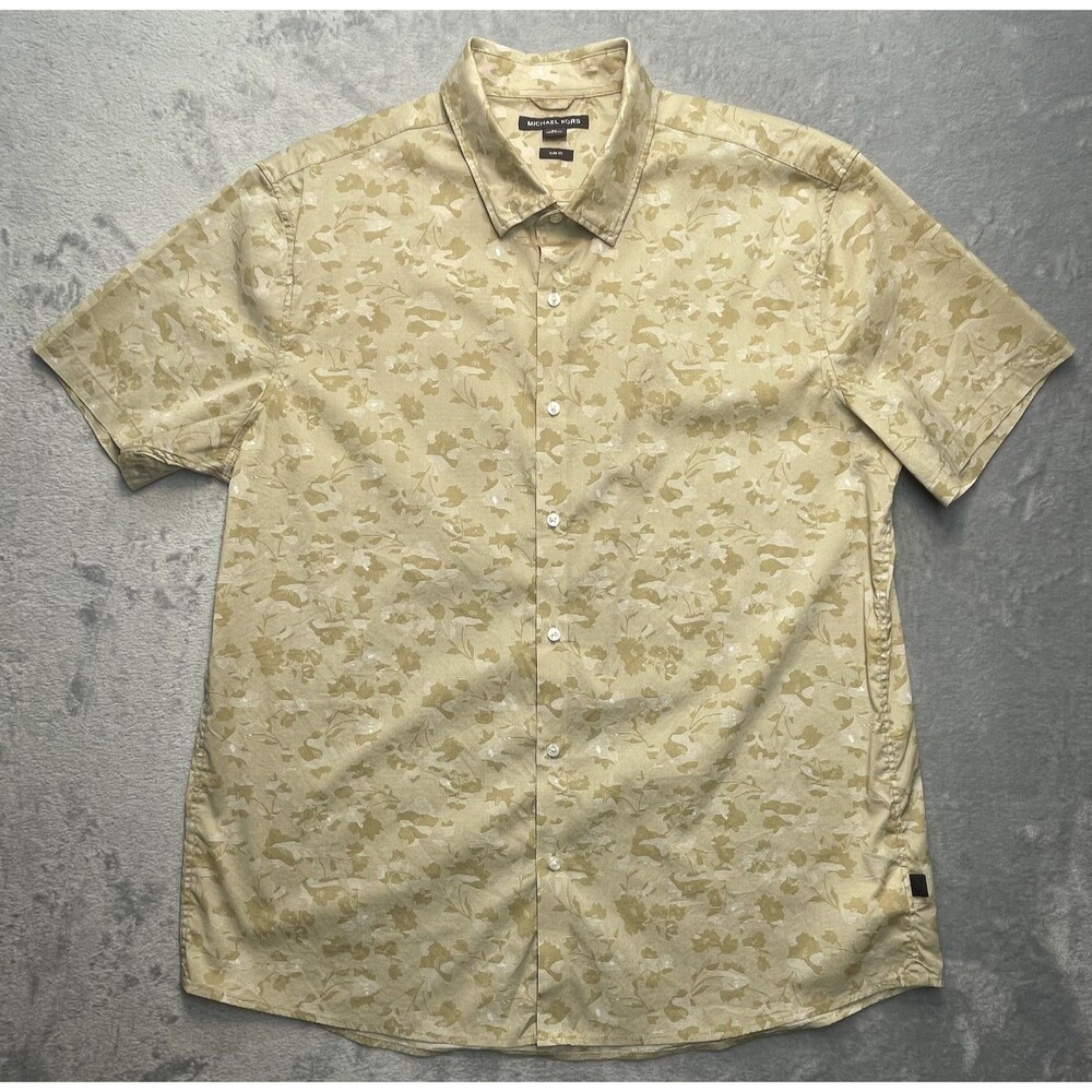 Michael Kors Slim Fit Beige Floral Short Sleeve Button Down Shirt XL